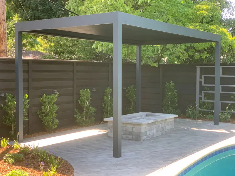 1500 Series Outdoor Shelter covering an outdoor fire pit