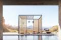 pure pergola next to a pool with mountains in the background