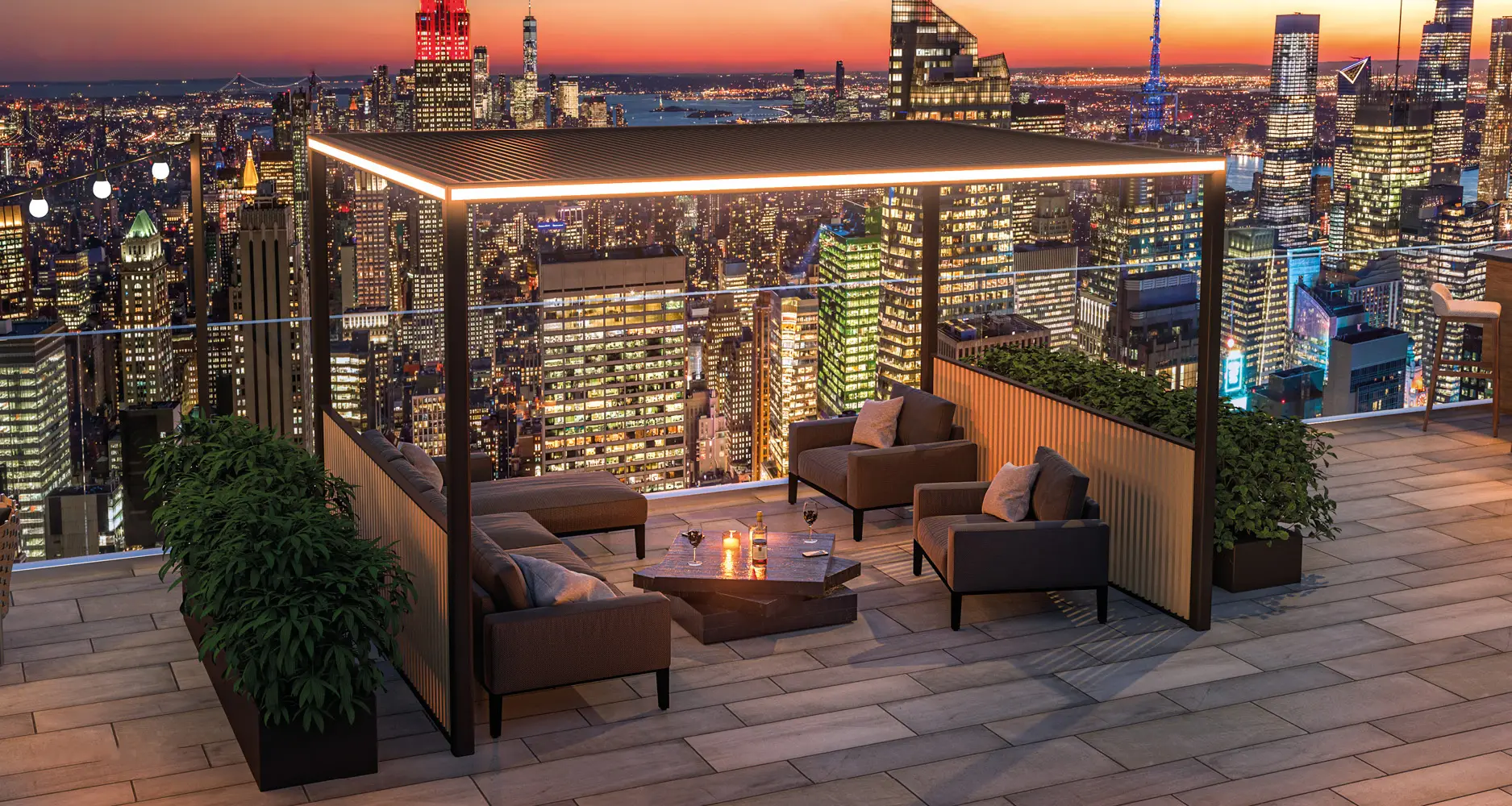 pure pergola rendering on a rooftop deck with a skyline in the background