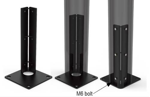 Ground mount for Bay (external)
• Stainless steel
• Coated in same color as structure
• (3x) ½” holes to anchor ground mount to the ground
• (6x) M6 hex head bolts to secure ground mount to Constru column
• Drainage (if present) exits above or under the ground
• Fasteners not provided