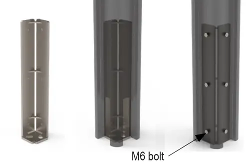 Ground mount for Bay (internal)
Stainless steel
• Invisible ground mount
• (2x) ½” holes for ground fixation
• (6x) M6 hex head bolts to secure ground mount to Constru column
• Drainage (if present) exits above ground
• Fasteners not provided