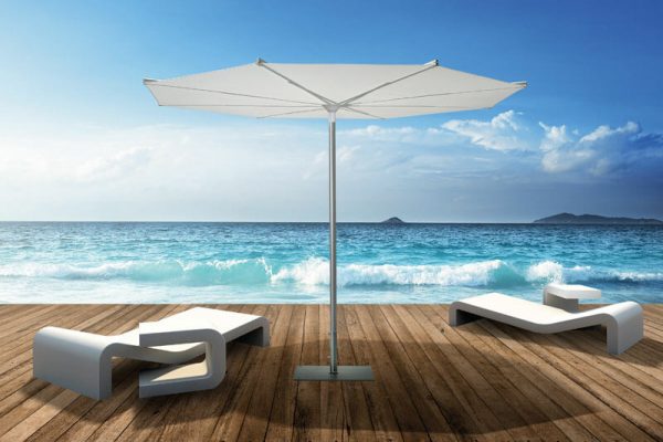 3d rendered single pole umbrella on a wooden terrace with ocean view