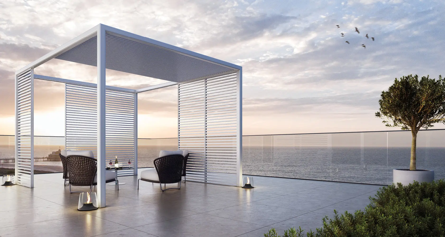 pure pergola covering a seating area by the ocean