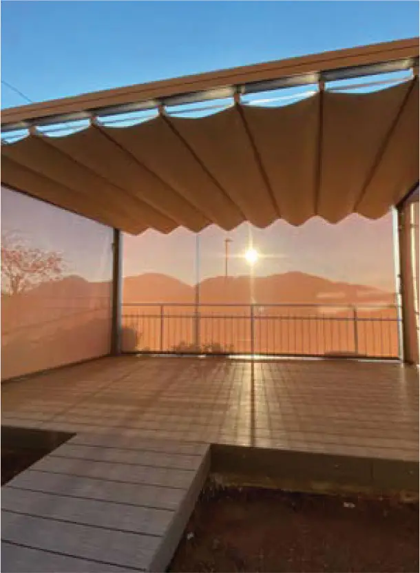 Cabana with retractable awning and curtains