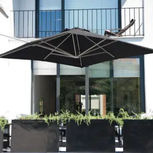 p7 umbrella with black canopy next to a balcony