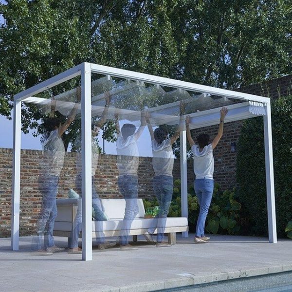 woman opening a Retractable Roof Poolside Cabana